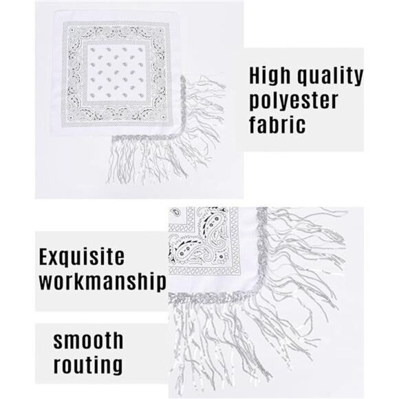 White Paisley Bandana Scarf with Rhinestone Fringe – Western Festival Accessory - Picture 6 of 7